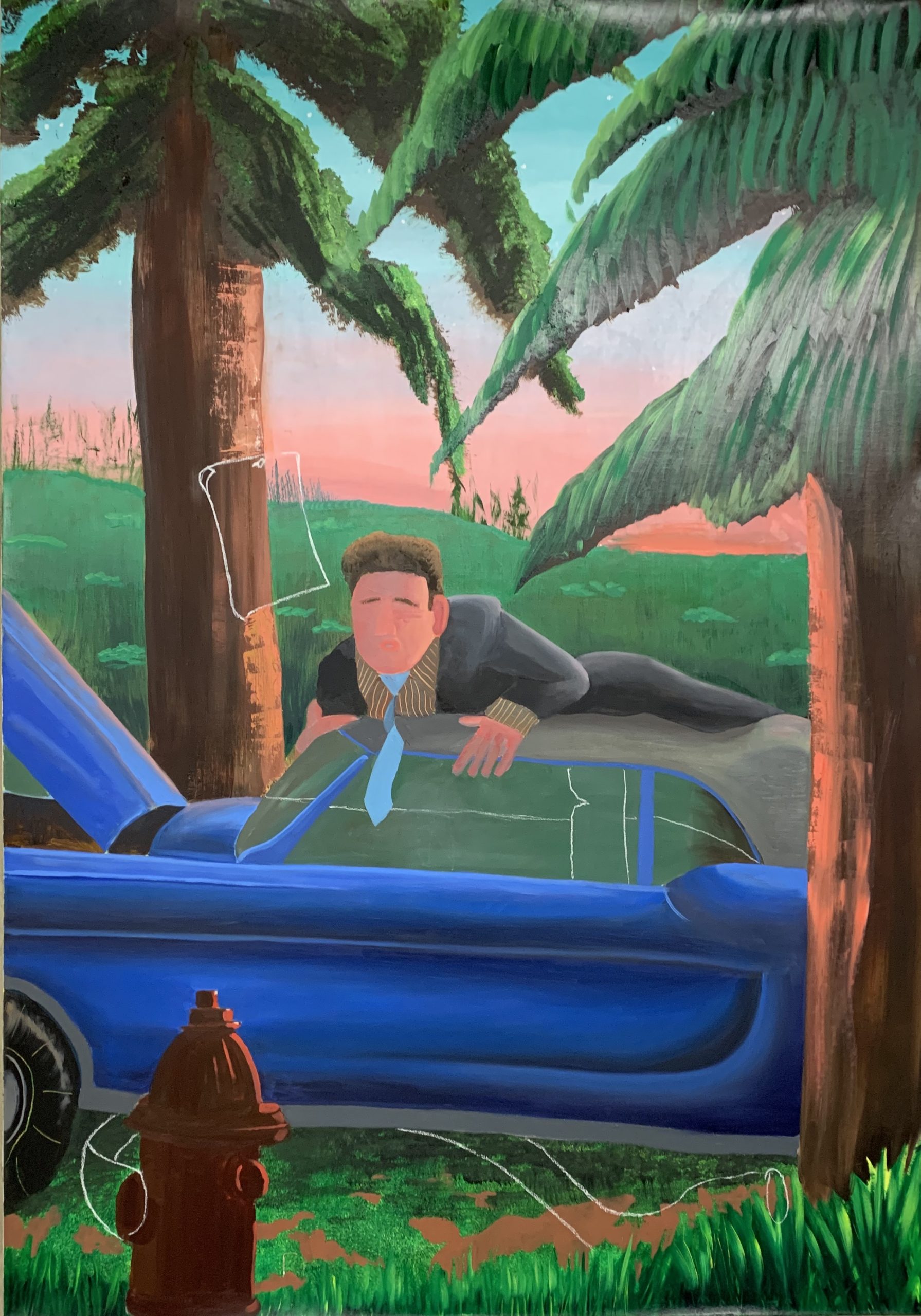 Ana Segovia. El hombre enamorado de su machina. Olio su tela. Cm 185x130, 2020