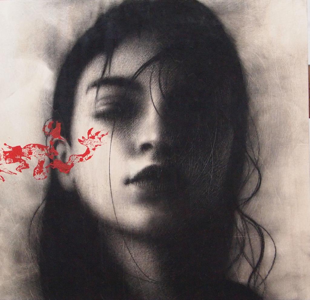 Arborea -matita nera su tavola + pigmento rosso cm. 50x50