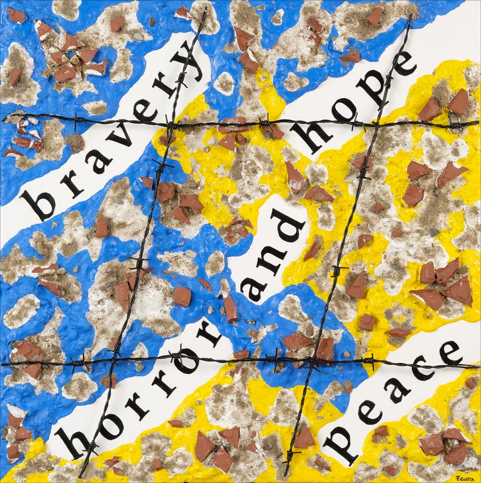 Francesca Guetta, To Ukraine, polimaterico ed acrilico su tela, 50 x 50 cm. 2022 (1)