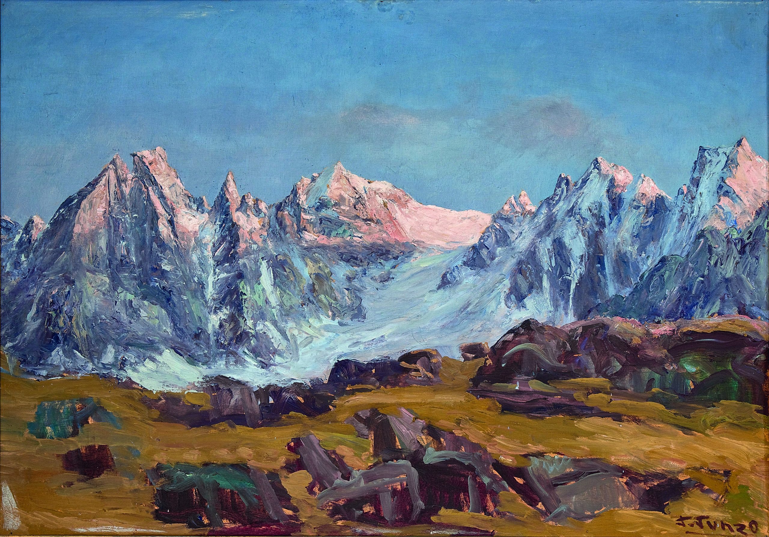 Paolo Punzo, Gruppo di Sciora e Nord del Cengalo e del Badile, cm 62x69, olio su tavola, coll. Banca Popolare di Sondrio